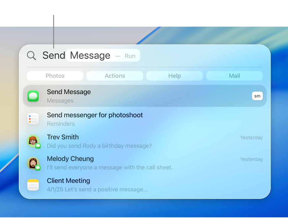 The Spotlight window showing how to send a message.