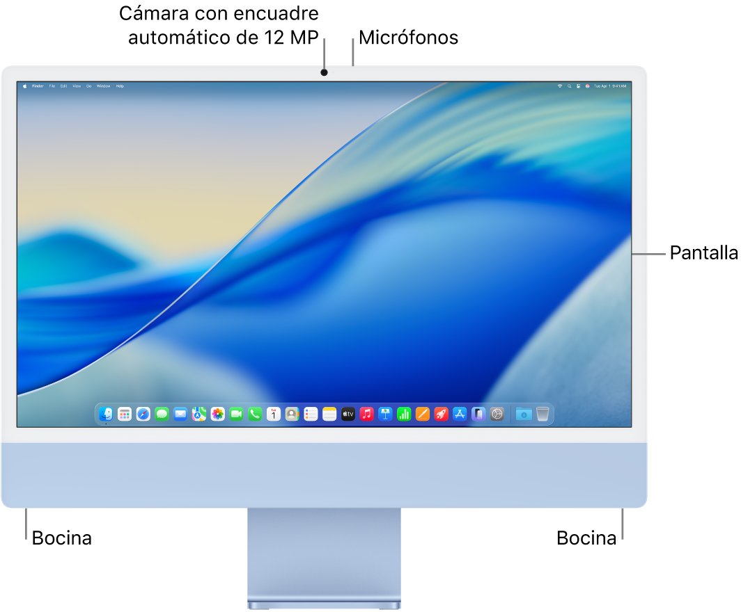 Vista frontal de la iMac mostrando la pantalla, la cámara, los micrófonos y los altavoces.