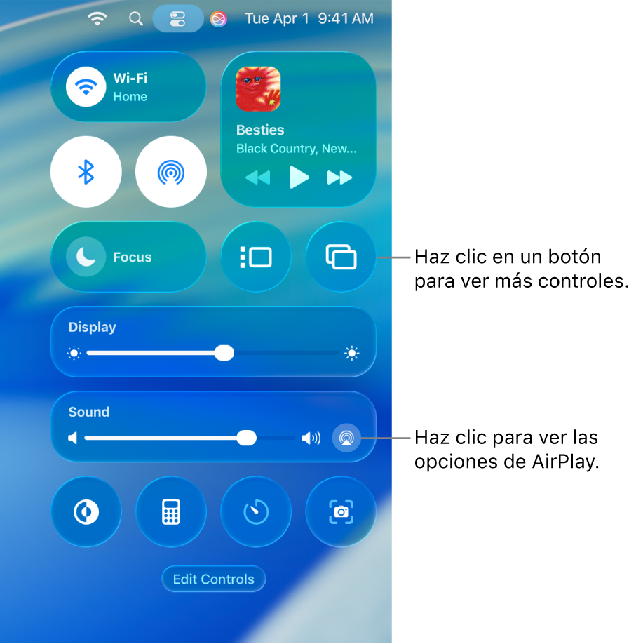 Vista con zoom del centro de control en la Mac.