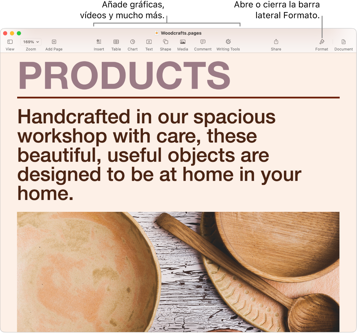 Una ventana de Pages muestra un documento creado a partir de una plantilla. Hay indicaciones para añadir gráficas, vídeos y más en la barra de herramientas, y una indicación para abrir o cerrar la barra lateral de Formato.