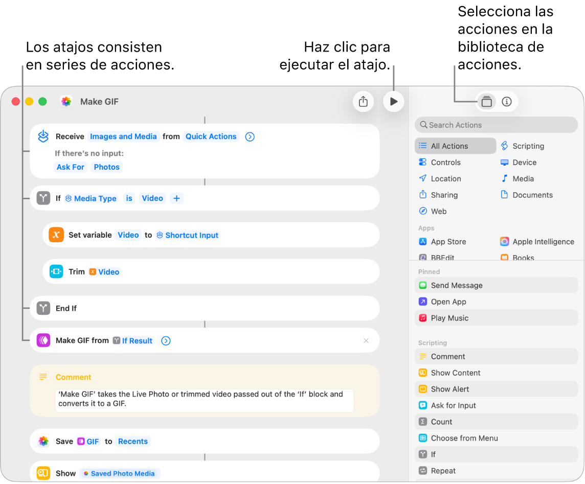 El editor de atajos a la izquierda, con las acciones del atajo “Crear GIF”.