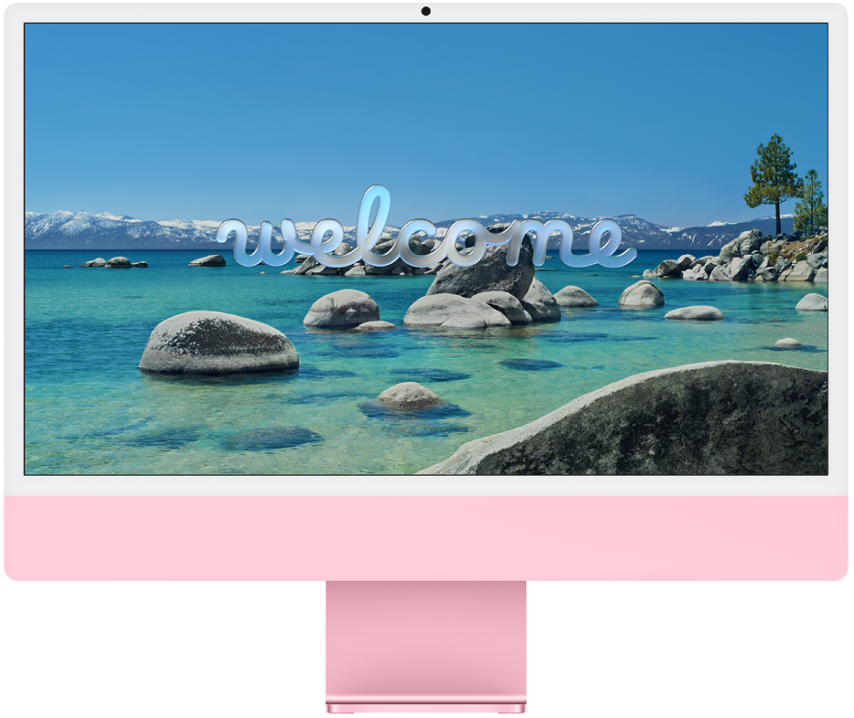 Un iMac con el texto “Te damos la bienvenida” en la pantalla.