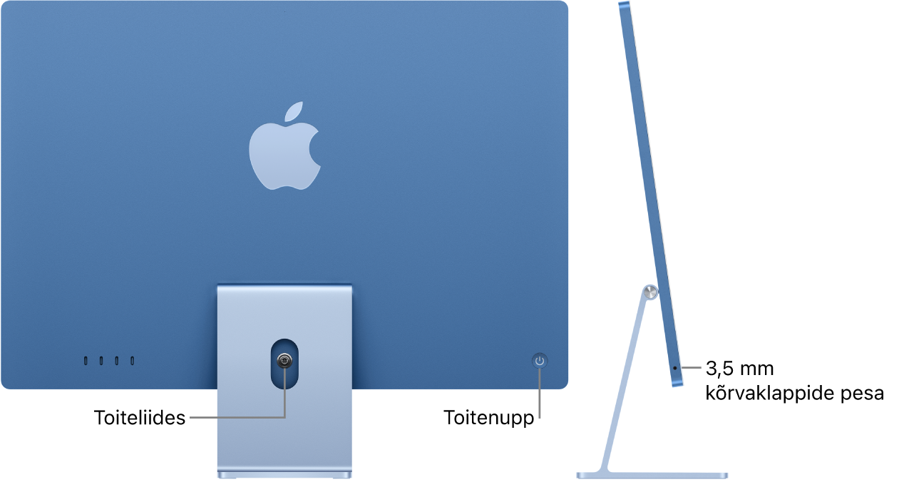 iMaci tagantvaade, kus on näha toiteliides ja toitenupp. Selle kõrval on küljevaade, millel on näha kõrvaklappide pesa.