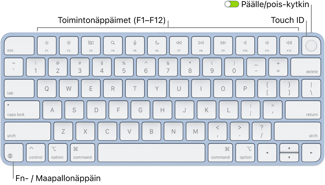 Touch ID:llä varustettu Magic Keyboard, jossa on rivi toimintonäppäimiä ja Touch ID yläreunassa sekä fn-/maapallonäppäin vasemmassa alakulmassa.