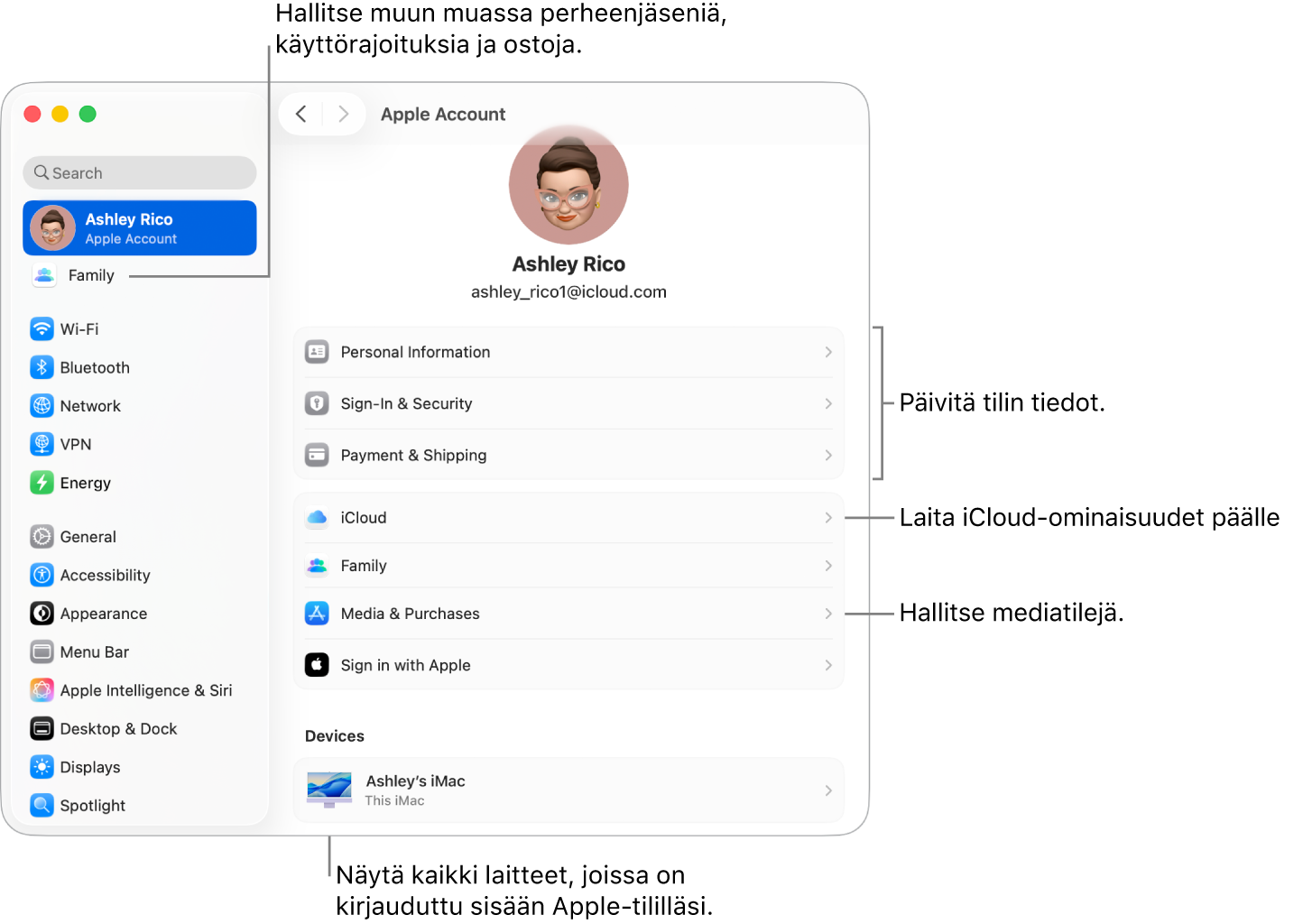 Järjestelmäasetusten Apple-tili-asetukset ja selitteet tilin tietojen päivittämiseen, iCloud-ominaisuuksien laittamiseen päälle tai pois päältä sekä mediatilien hallintaan. Lisäksi Perhe-osio, jossa voit hallita perheenjäseniä, käyttörajoituksia, ostoja ja muita ominaisuuksia.