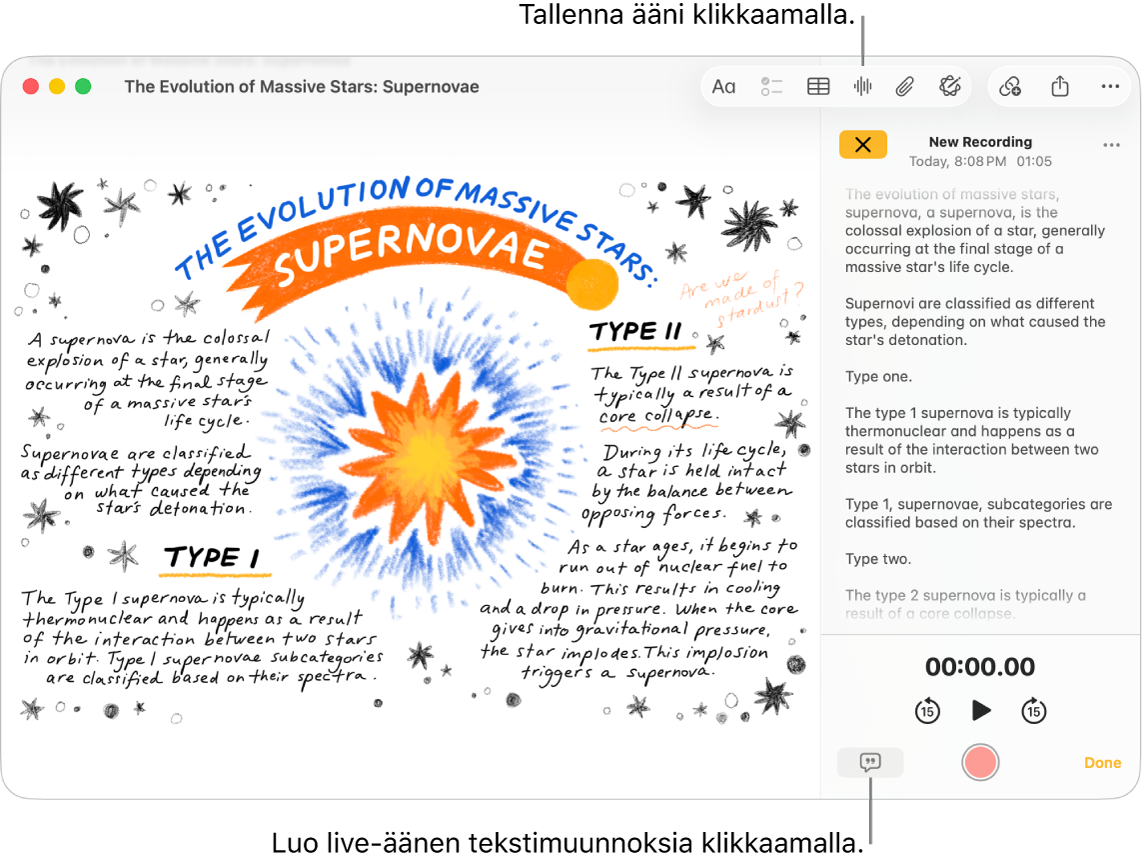 Muistiinpanot-ikkuna, jossa näkyvä muistiinpano sisältää äänitallenteen. Äänen tiedot ‑ikkuna on avoinna, ja siinä näkyy äänitallenne kirjoitettuna.