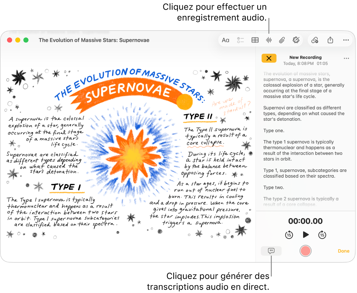 Une fenêtre Notes affichant une note comportant un enregistrement audio. La fenêtre des détails audio est ouverte et affiche une transcription de l’enregistrement audio.