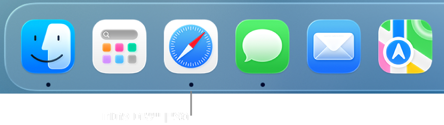 קטע מתוך ה-Dock המציג נקודות שחורות מתחת ליישומים הפתוחים.