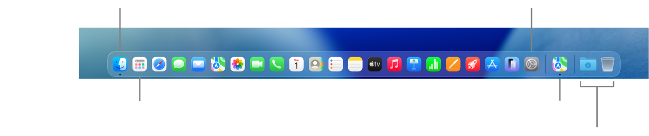 ה‑Dock עם תצוגה של ה‑Finder, ״הגדרות המערכת״ והקו המפריד ב‑Dock שמבדיל בין יישומים לבין קבצים ותיקיות.