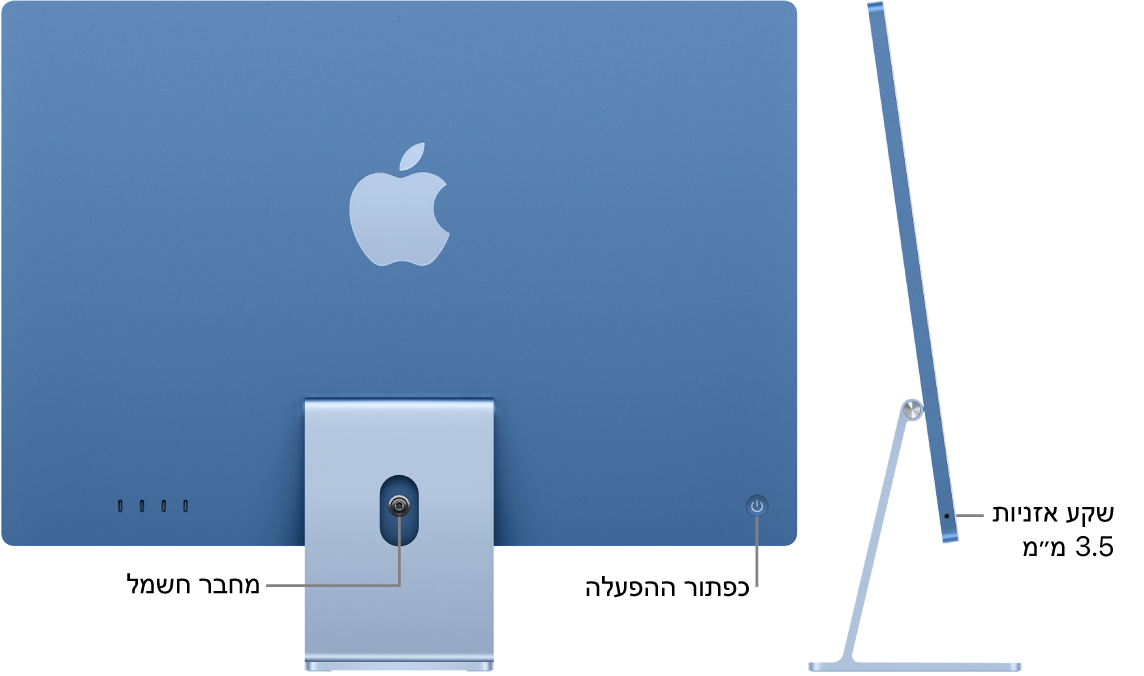 תצוגה אחורית של iMac המראה את מחבר המתח ואת כפתור ההפעלה. ליד מוצג מבט מן הצד על שקע האזניות.