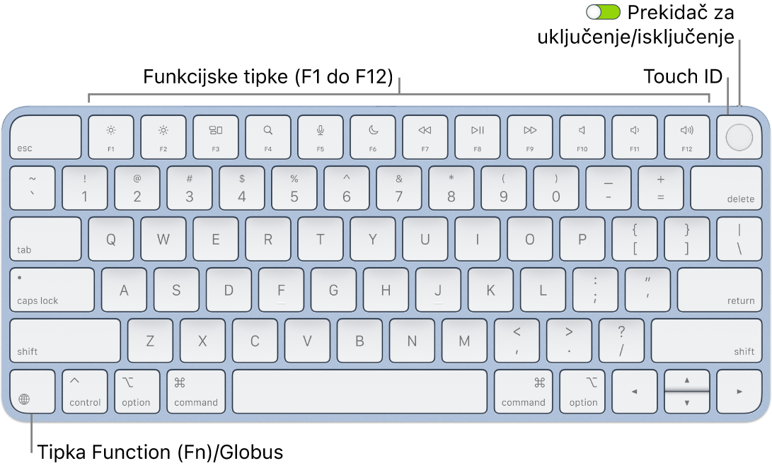 Magic Keyboard s Touch ID-jem na kojem se vidi red funkcijskih tipki i Touch ID na vrhu i tipka Funkcija (Fn)/Globus u donjem lijevom kutu.