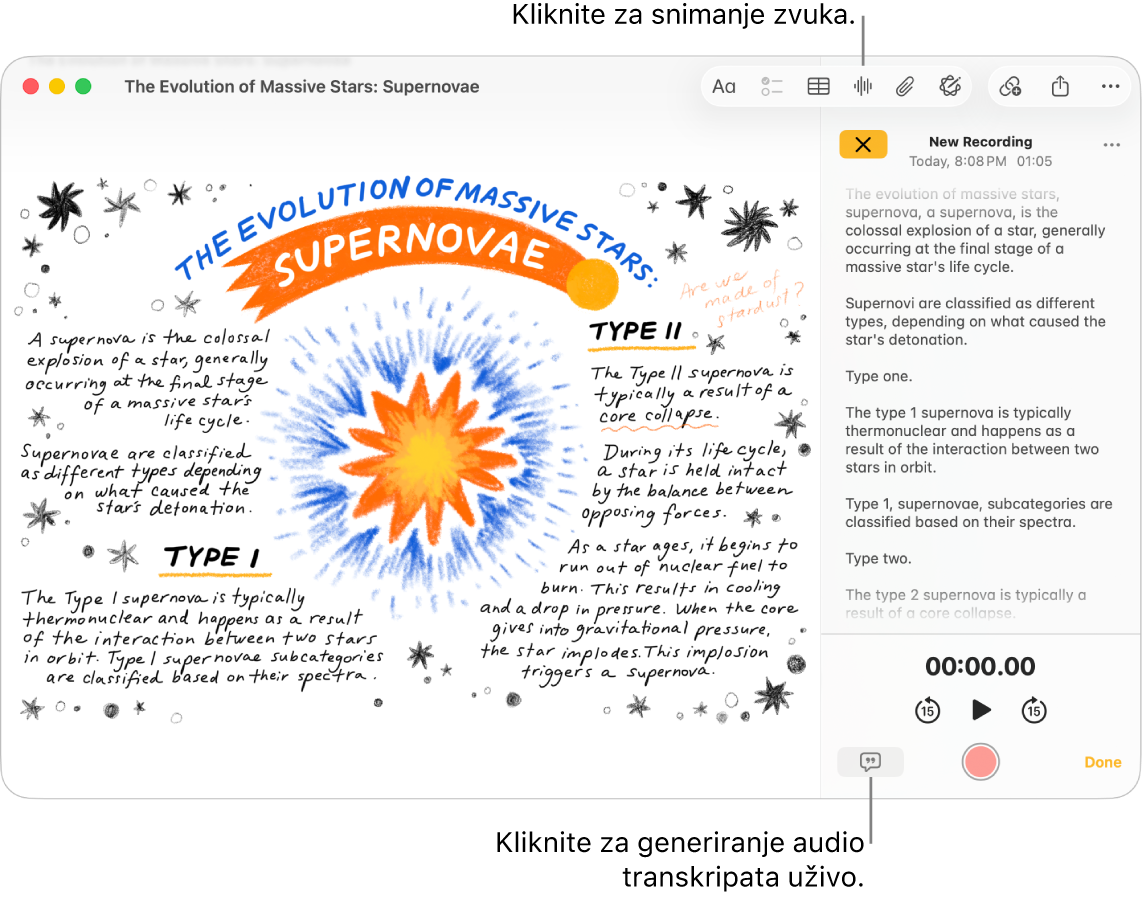 Prozor aplikacije Bilješke s prikazom bilješke s audio snimkom. Otvoren je zaslon s detaljima audio zapisa i prikazuje transkript audio snimke.