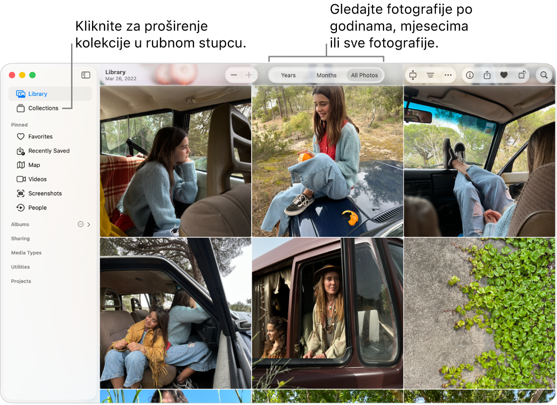 Prozor aplikacije Foto s prikazom Medijateke u kojoj možete pregledavati fotografije po godinama, mjesecima ili sve fotografije. Također možete odabrati među različitim kolekcijama u rubnom stupcu.