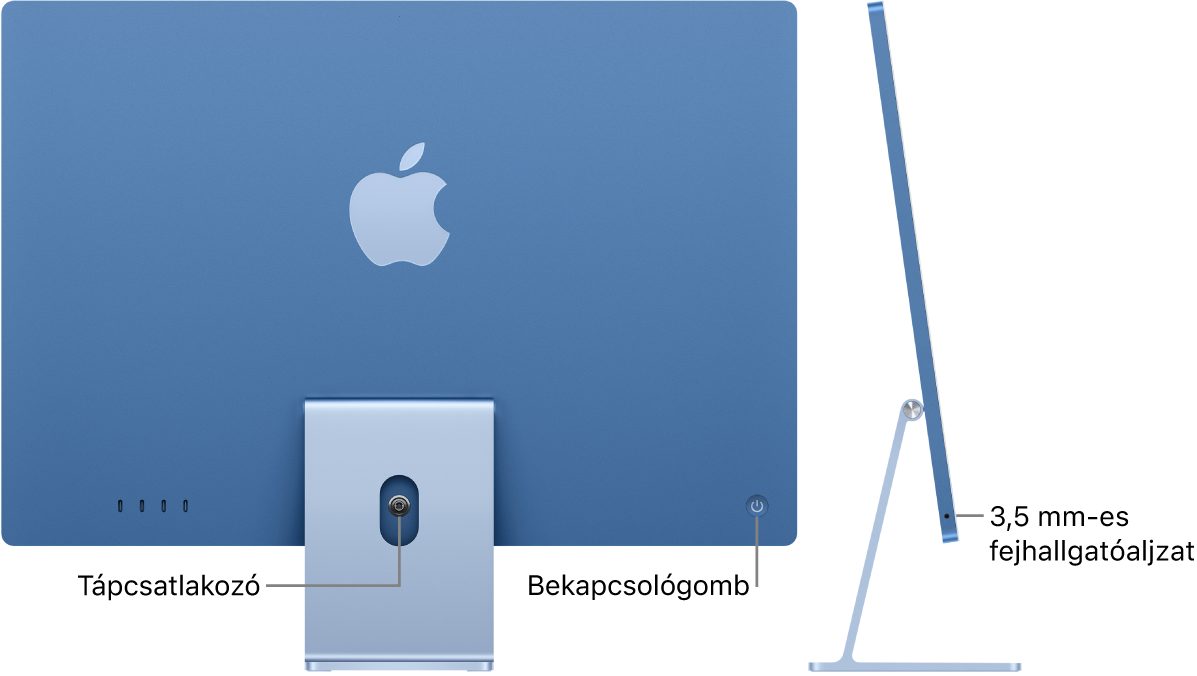 Egy iMac hátsó oldala, amelyen a tápcsatlakozó és a bekapcsológomb látható. Mellette egy oldalnézetben látható a fejhallgató aljzata.