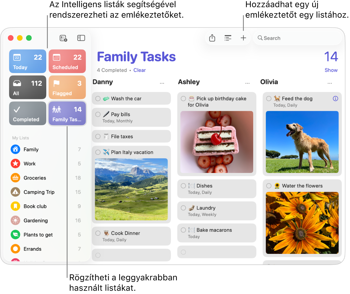 Egy Emlékeztetők-ablak a bal oldalon az intelligens listákkal, a jobb oldalon pedig egyéb emlékeztetőkkel és listákkal.