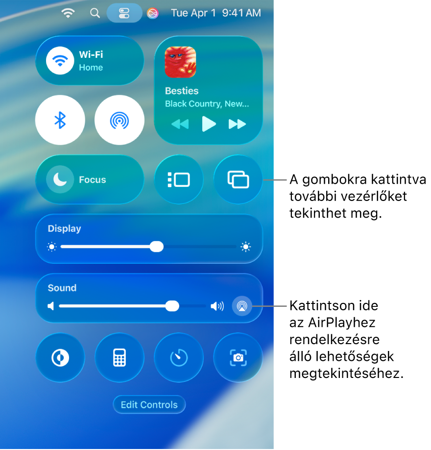 A Mac Vezérlőközpontjának felnagyított nézete.