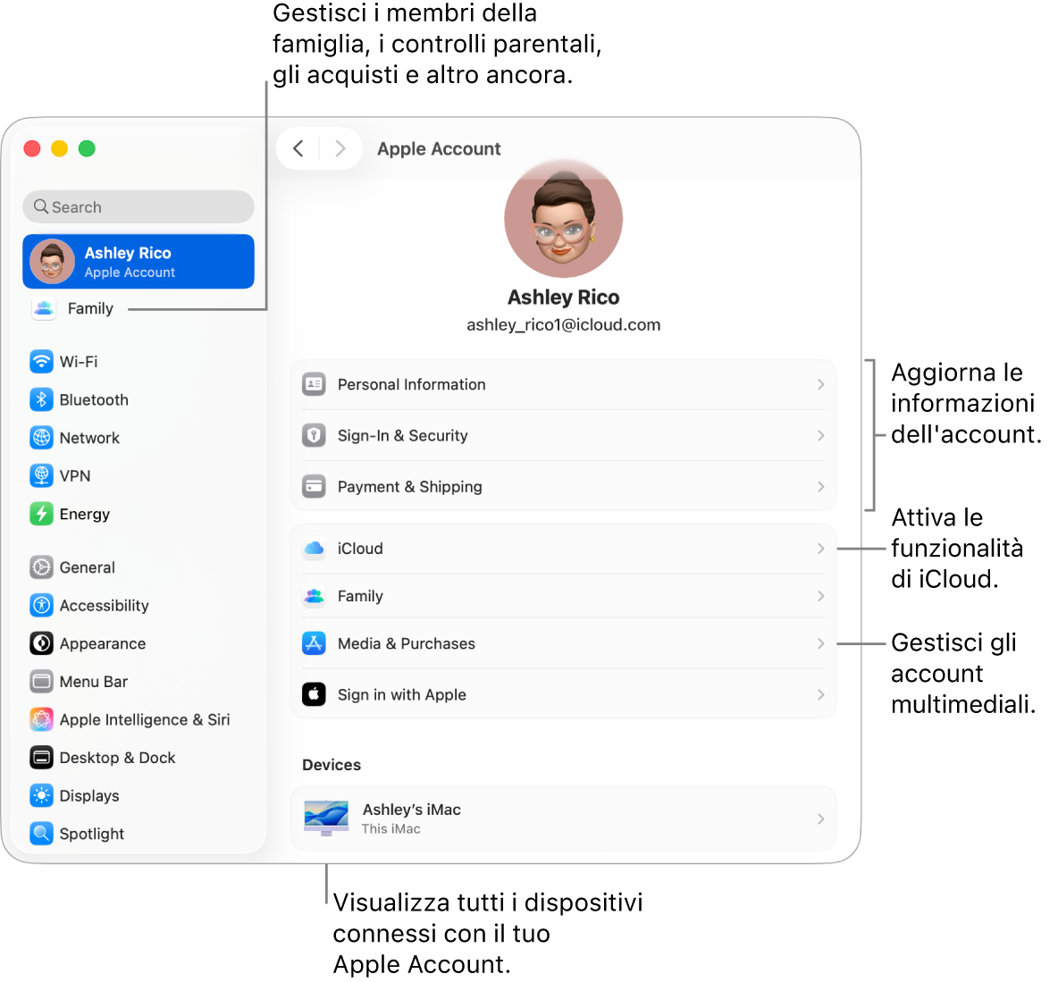 Le impostazioni di Apple Account in Impostazioni di Sistema, con didascalie per aggiornare le informazioni dell’account, attivare o disattivare le funzionalità di iCloud, gestire gli account multimediali e Famiglia, dove puoi gestire i membri del gruppo familiare, i controlli parentali, gli acquisti e altro ancora.