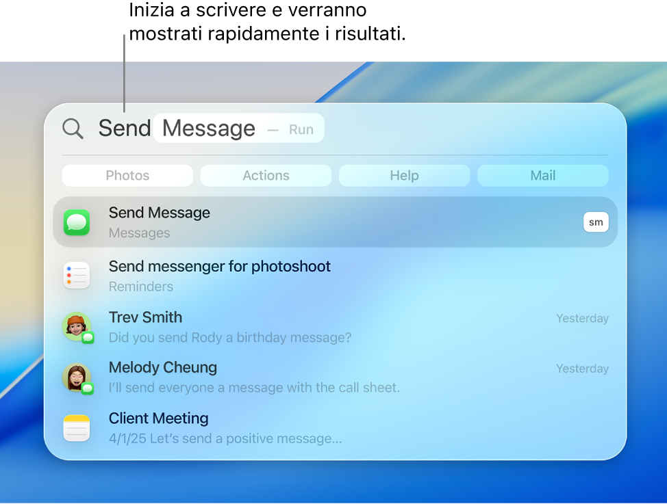 La finestra di Spotlight che mostra come inviare un messaggio.