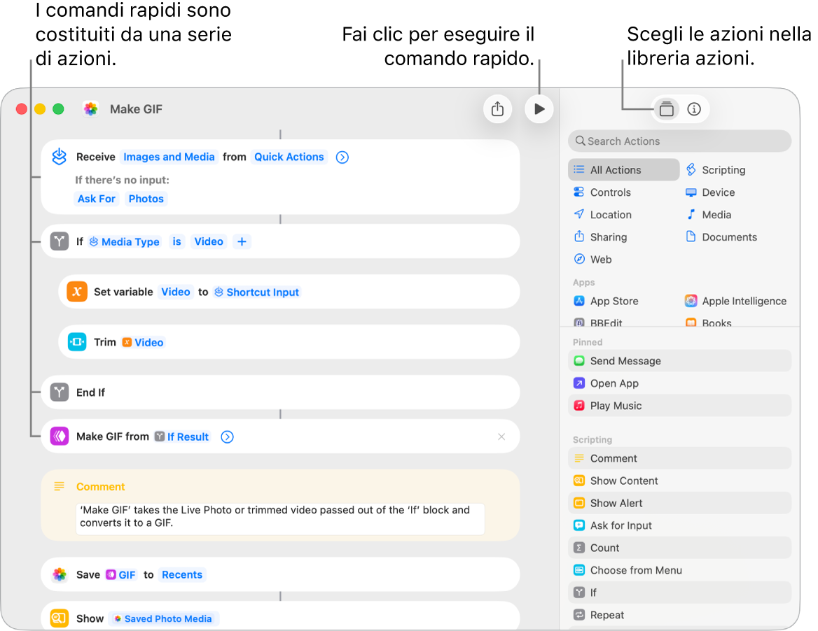 L’editor di comandi rapidi a sinistra, che mostra le azioni nel comando rapido “Crea GIF”.