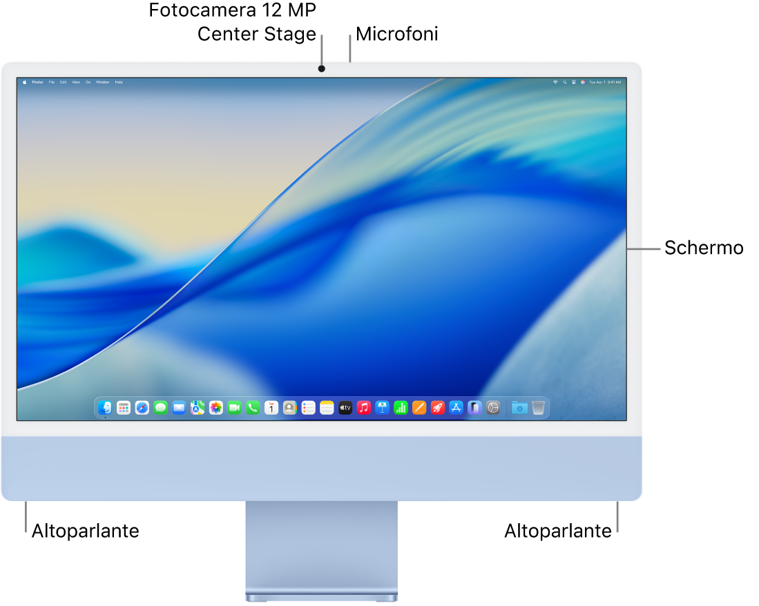 Vista frontale di iMac che mostra il monitor, la fotocamera, i microfoni e gli altoparlanti.