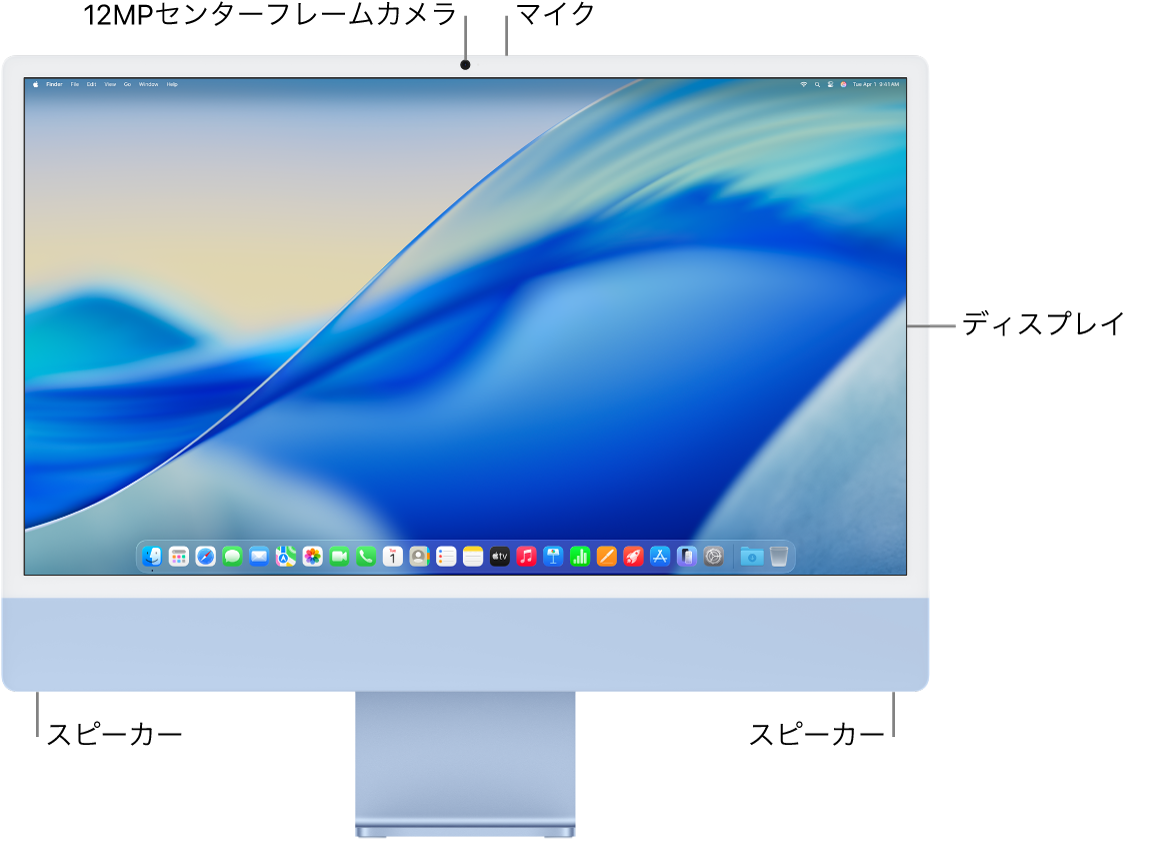 iMacの前面図。ディスプレイ、カメラ、マイク、スピーカーが示されています。