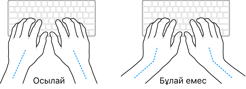 Білек пен қолдың дұрыс және дұрыс емес туралауын көрсетіп тұрған үстінде қолдар бар пернетақта.