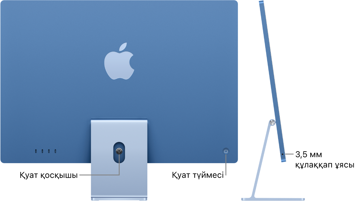 Қуат қосқышын және қуат түймесін көрсетіп тұрған iMac компьютерінің артқы көрінісі. Оның жанындағы — құлаққап ұясын көрсетіп тұрған бүйірлік көрініс.