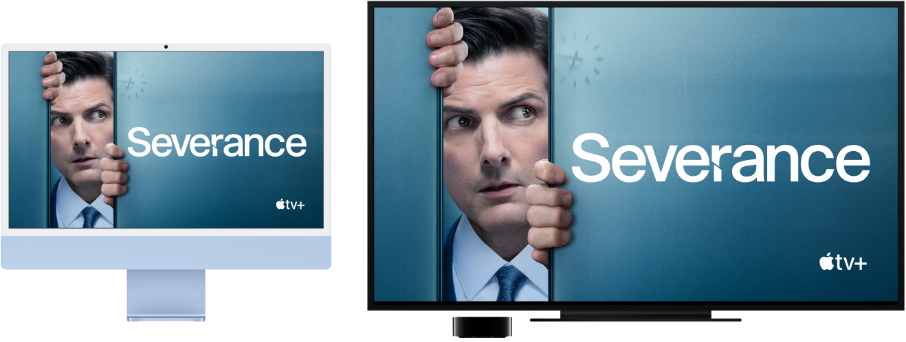 Apple TV를 사용하여 대형 HDTV에 콘텐츠가 미러링되어 있는 iMac.