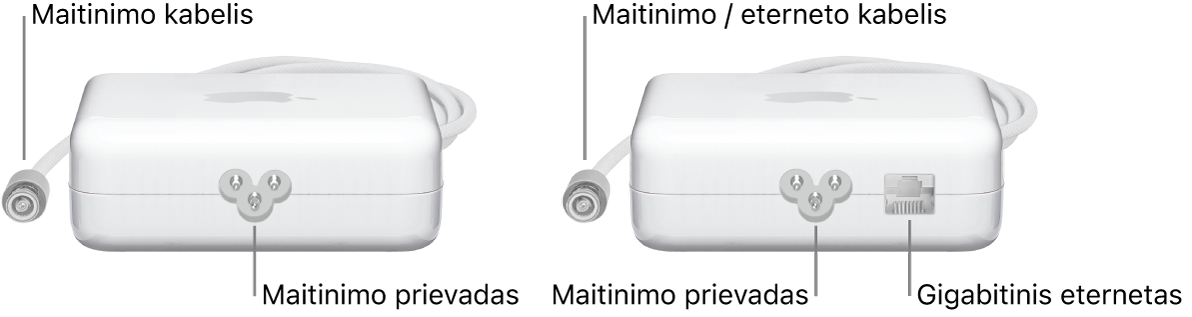 Vienas maitinimo adapteris be eterneto prievado ir vienas maitinimo adapteris su eterneto prievadu.
