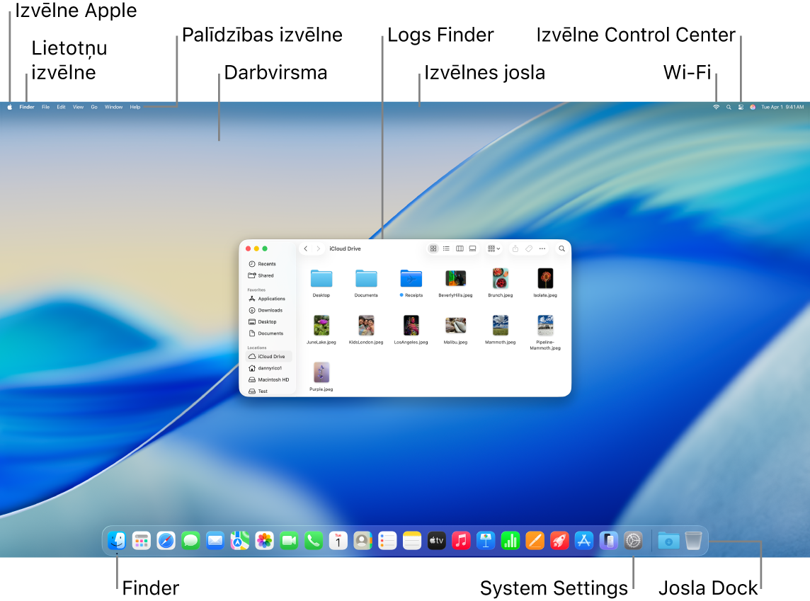 Mac datora ekrānā redzama Apple izvēlne, lietotņu izvēlne, izvēlne Help, darbvirsma, izvēlnes josla, lietotnes Finder logs, Wi-Fi ikona, ikona Control Center, ikona Finder, ikona System Settings un josla Dock.