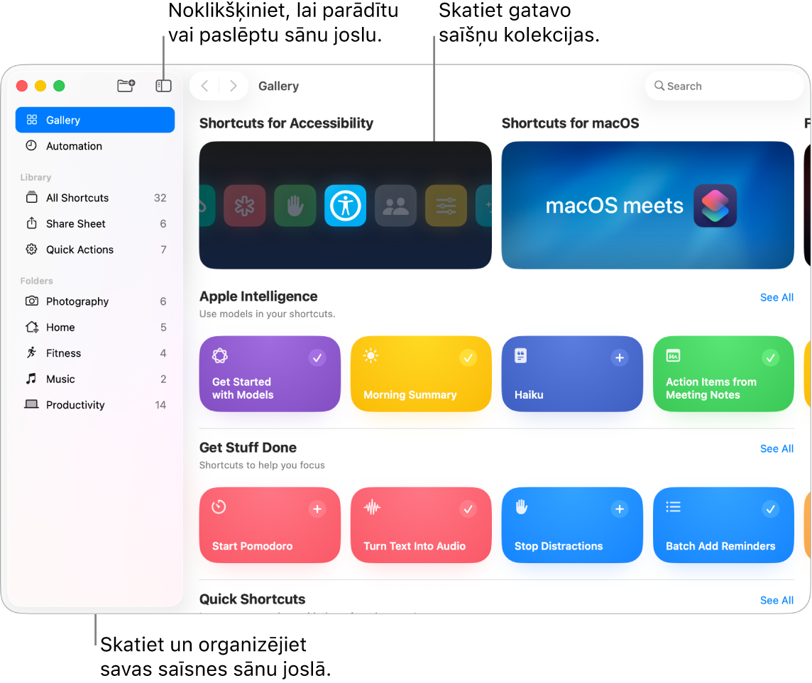Logā Shortcuts ar atvērtu sānu joslu pa kreisi un Gallery pa labi, ar paņemšanai gatavām saīsnēm.