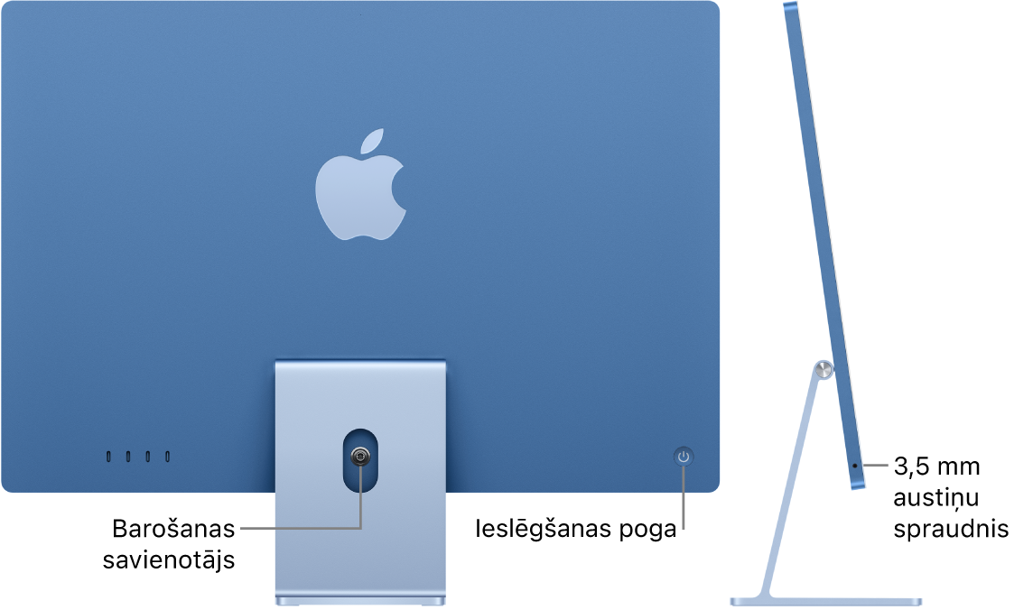 Skats uz iMac datoru no aizmugures; redzams strāvas savienotājs un ieslēgšanas poga. Blakus tam ir sānu skats, kurā redzama austiņu ligzda.