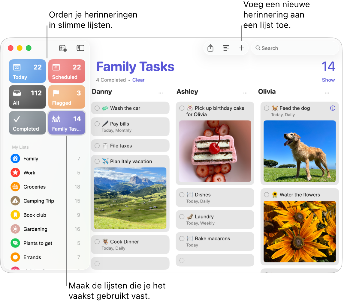 Een Herinneringen-venster met slimme lijsten aan de linkerkant en andere herinneringen en lijsten aan de rechterkant.