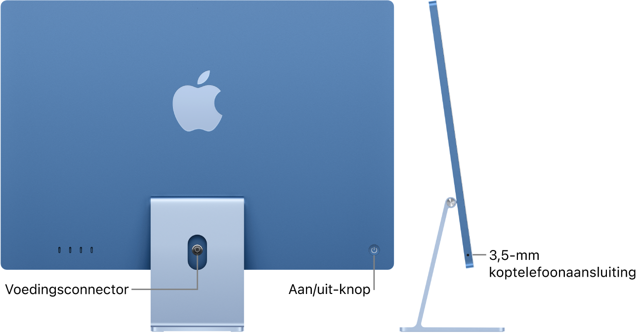 Achteraanzicht van de iMac met de voedingsconnector en de aan/uit-knop. Ernaast is een zijaanzicht met de koptelefoonaansluiting.