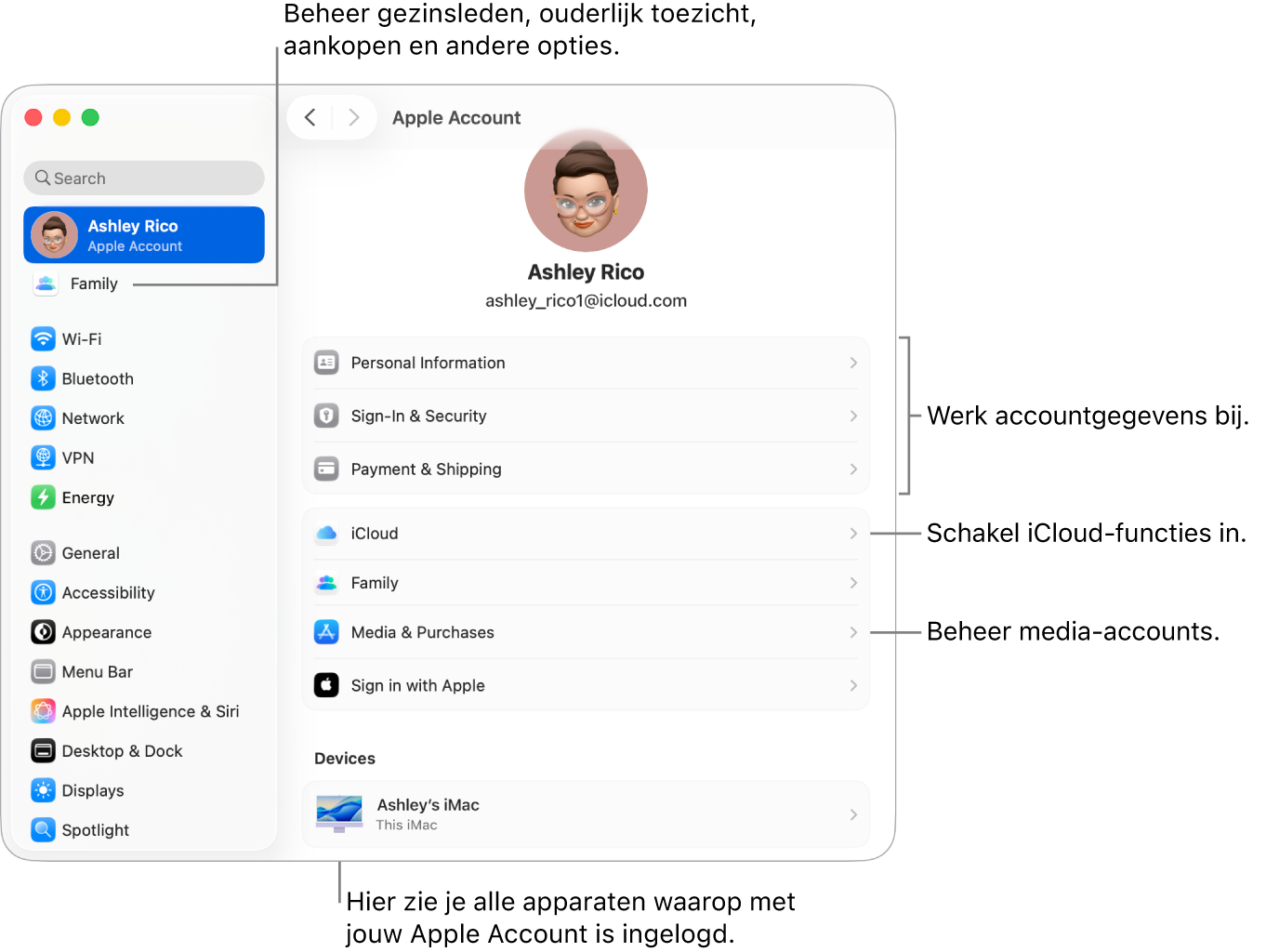 De instellingen voor 'Apple Account' in Systeeminstellingen, met bijschriften voor de opties waarmee je je accountgegevens bijwerkt, iCloud-functies in- of uitschakelt en media-accounts beheert. En de instellingen voor 'Gezin', waar je gezinsleden, ouderlijk toezicht, aankopen en andere opties beheert.
