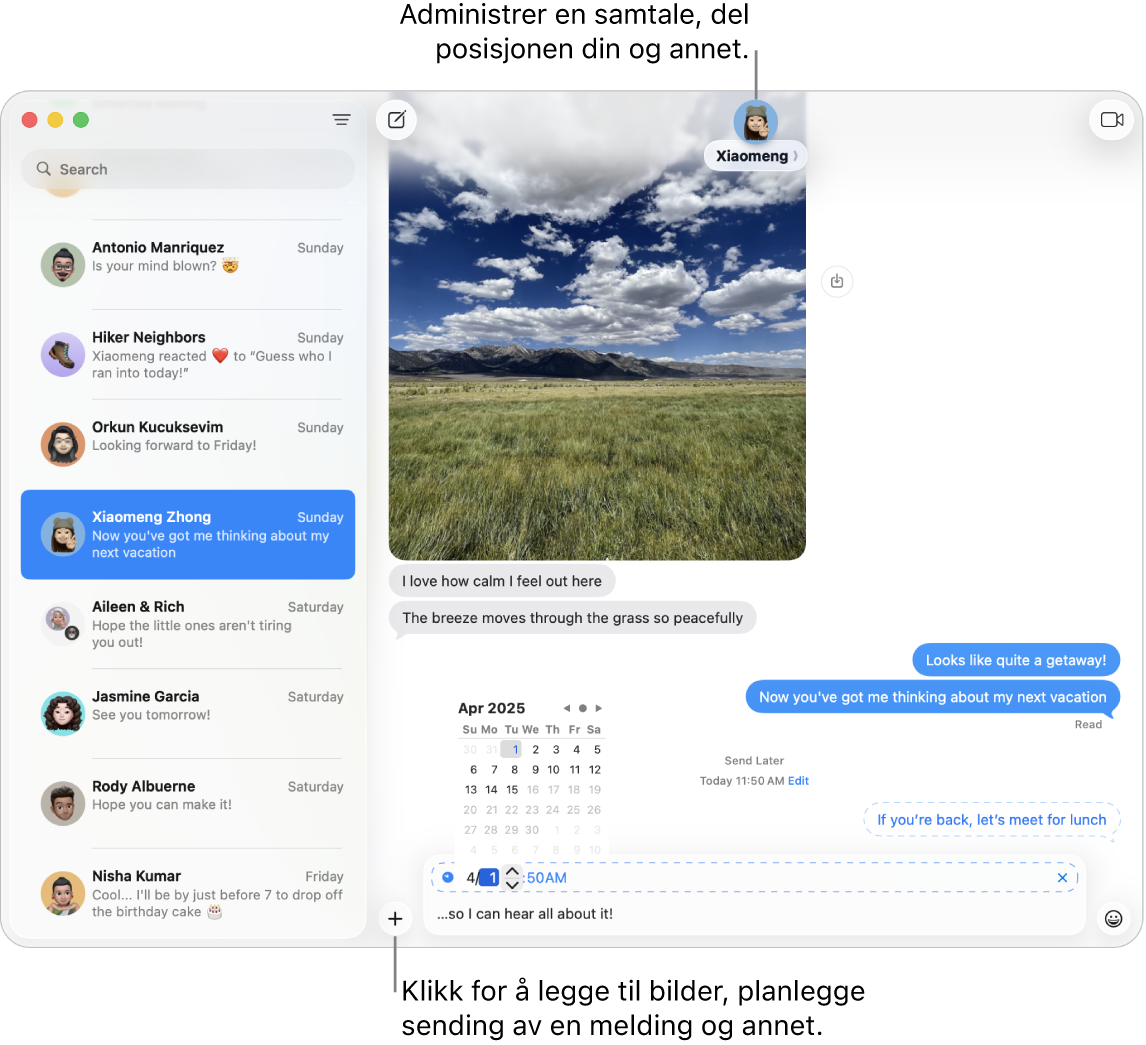 Et Meldinger-vindu som viser en samtale. En melding planlegges å sendes på et senere tidspunkt.