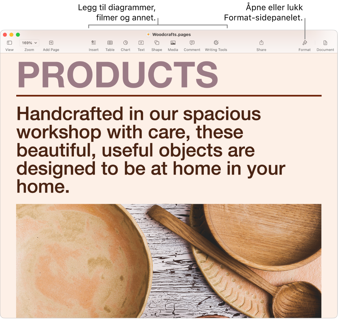 Et Pages-vindu som viser et dokument opprettet fra en mal. Det vises bildeforklaringer for å legge til diagrammer, filmer og mer i verktøylinjen og en bildeforklaring for hvordan du åpner eller lukker Format-sidepanelet.
