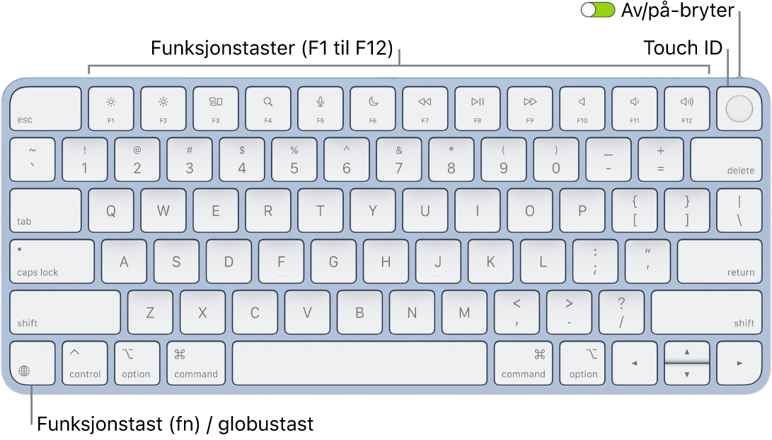 Magic Keyboard med Touch ID, som viser raden med funksjonstaster og Touch ID øverst og funksjonstasten (Fn) / globustasten nede til venstre.