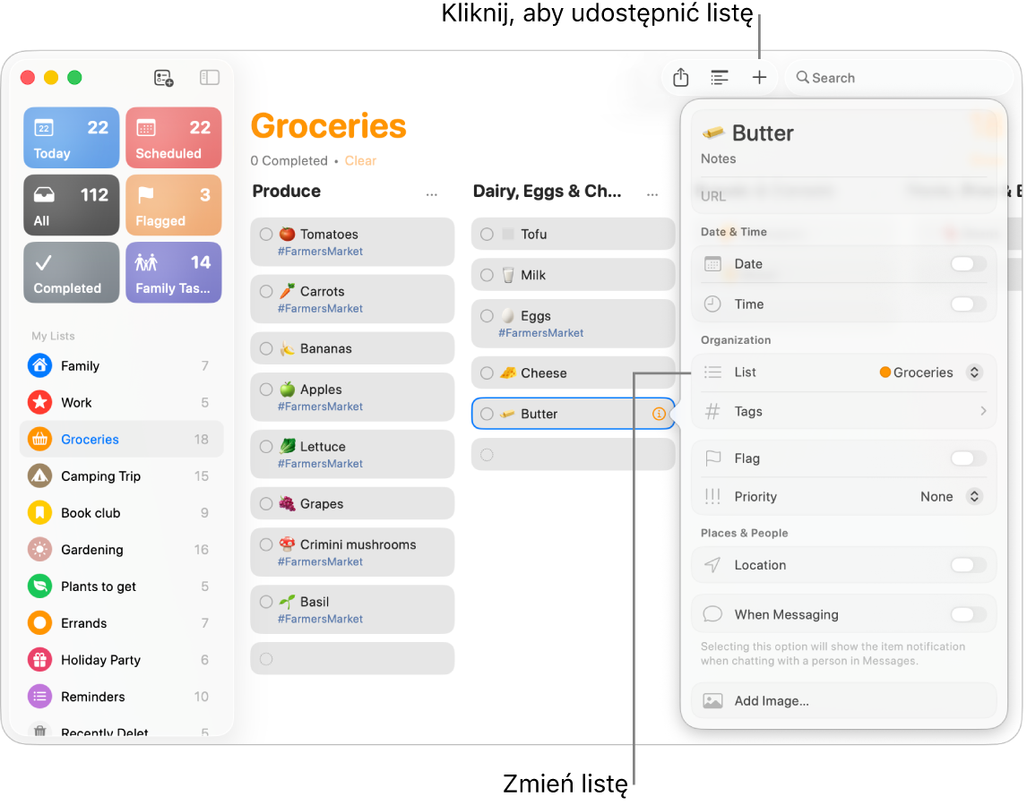 Okno aplikacji Przypomnienia pokazujące szczegóły przypomnienia na udostępnionej liście zakupów.
