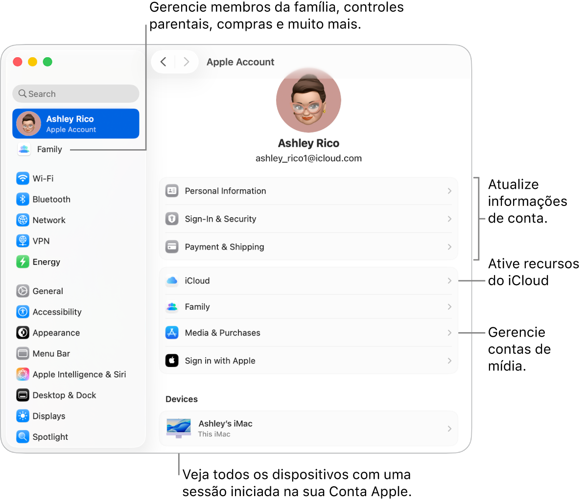 Ajustes da Conta Apple nos Ajustes do Sistema com chamadas para atualizar informações da conta, ativar ou desativar recursos do iCloud, gerenciar contas de mídia, e Família, onde você pode gerenciar membros da família, controles parentais, compras e outros.