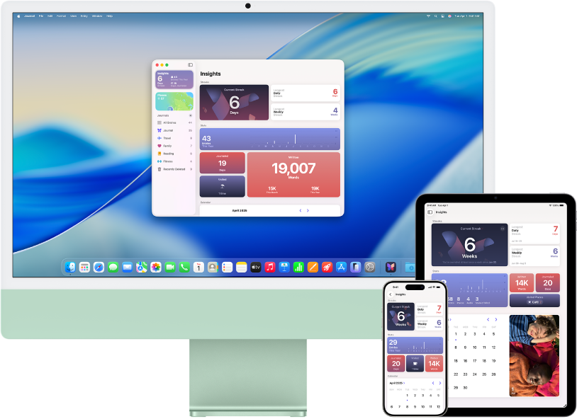 O iMac junto a vários dispositivos que estão a aceder ao mesmo conteúdo de iCloud.