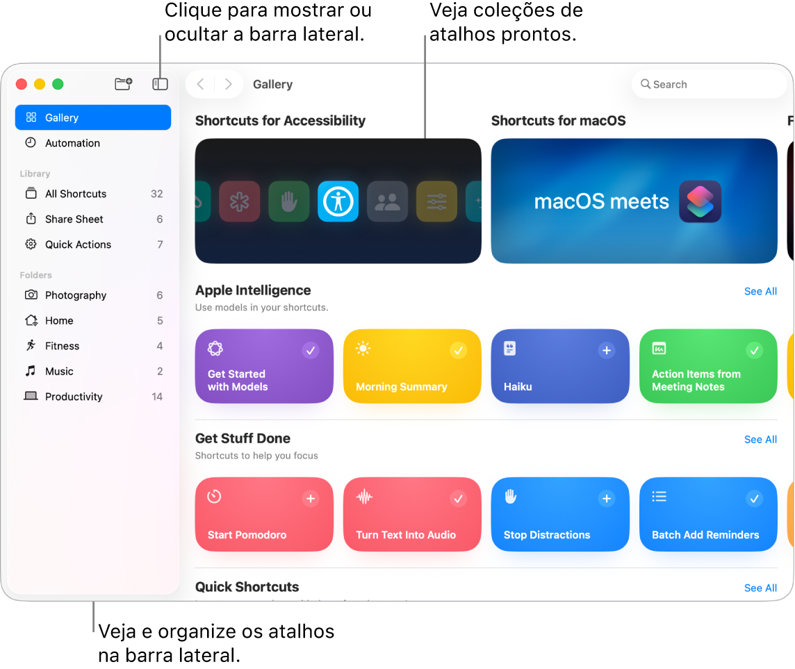 A janela da aplicação Atalhos com a barra lateral aberta à esquerda e a Galeria à direita, com coleções de atalhos prontos a usar.