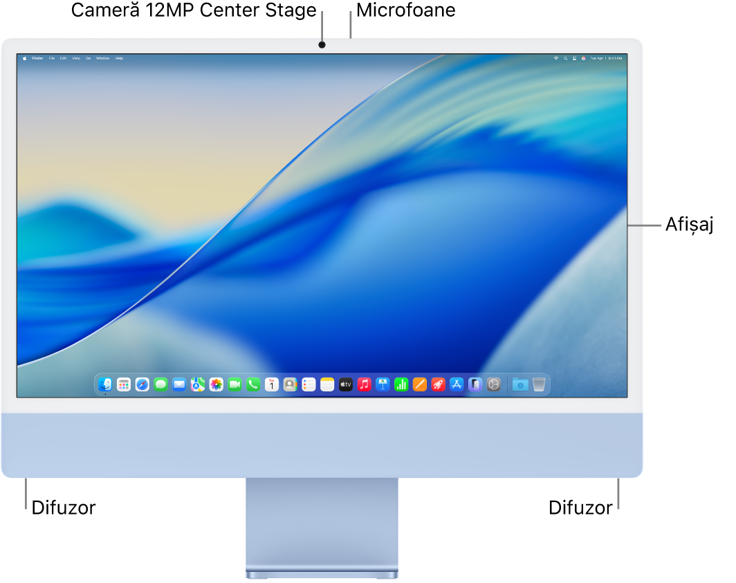 Vizualizare a părții din față a iMac‑ului, prezentând afișajul, camera, microfoanele și difuzoarele.