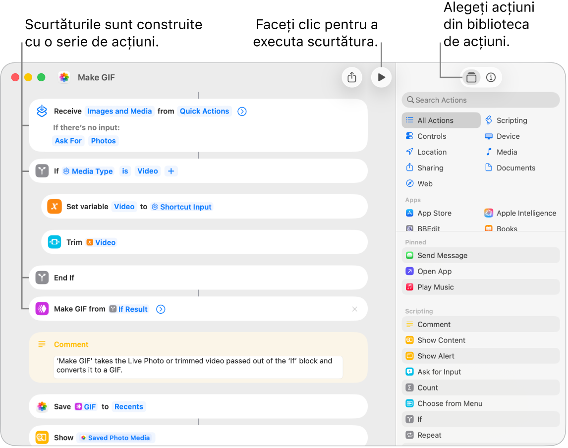 Editorul de scurtături se află în stânga, afișând acțiunile din scurtătura „Creare GIF”.