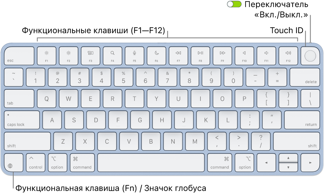Клавиатура Magic Keyboard с сенсором Touch ID. Показаны функциональные клавиши, сенсор Touch ID вверху и клавиша Function (Fn) / глобуса в левом нижнем углу.