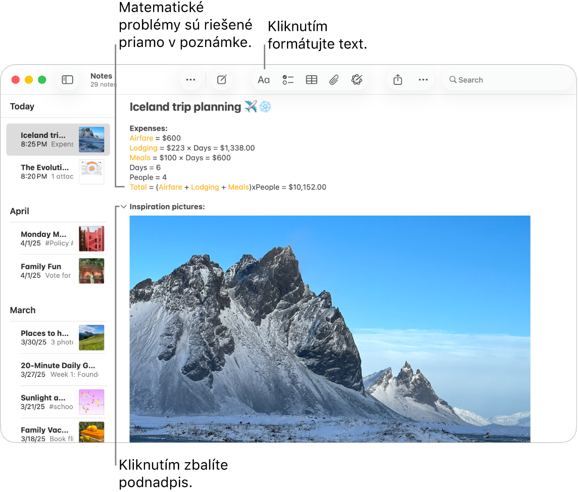 Okno apky Poznámky zobrazujúce výpočty nákladov na výlet a obrázok destinácie.
