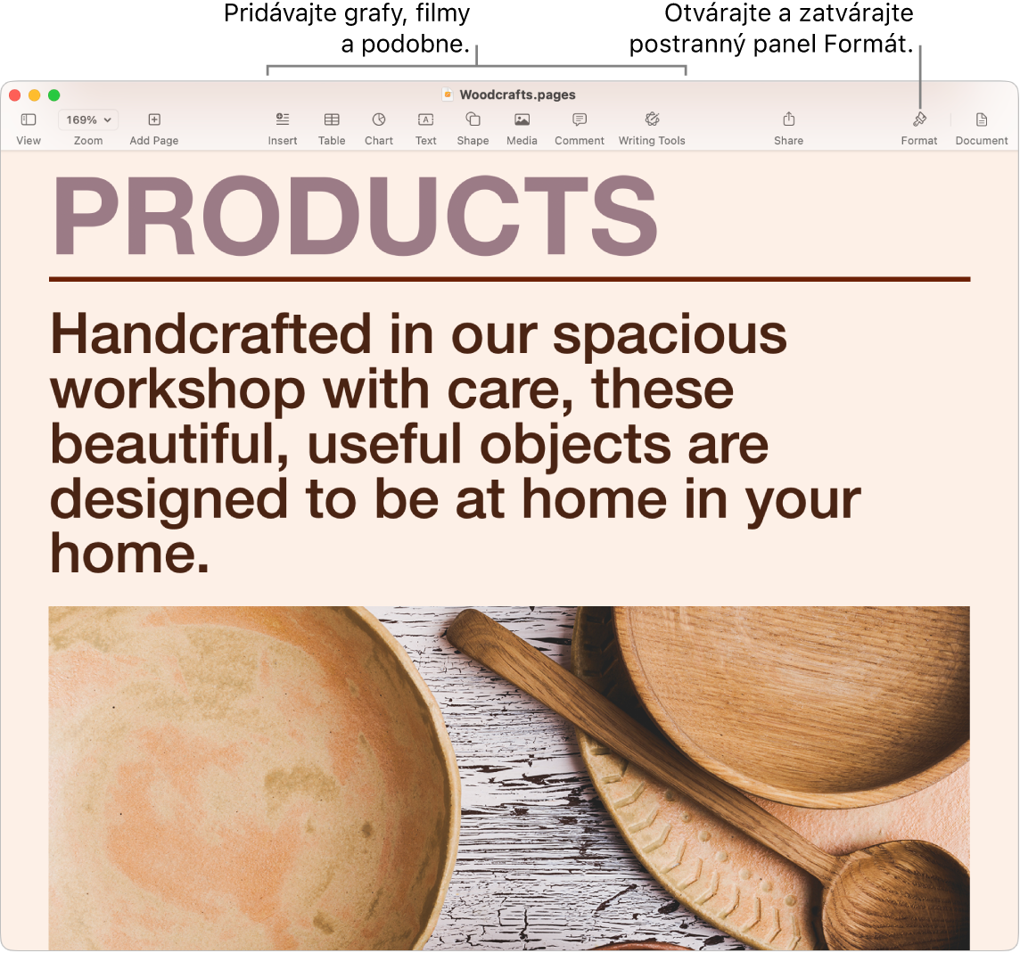 Okno Pages zobrazujúce dokument vytvorený zo šablóny. V paneli s nástrojmi sa nachádzajú popisy na pridanie grafov, filmov a ďalšieho obsahu, a popis na otvorenie alebo zavretie postranného panela Formát.