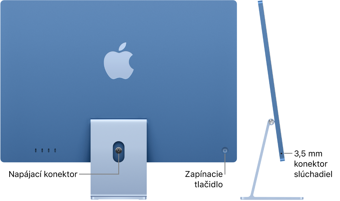 Pohľad na zadnú stranu iMacu s napájacím konektorom a zapínacím tlačidlom. Vedľa je bočný pohľad zobrazujúci konektor slúchadiel.