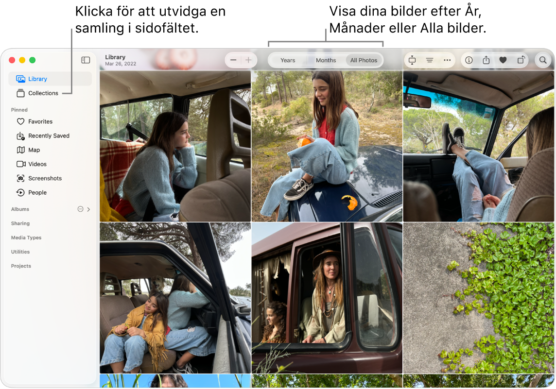 Fönstret Bilder med Bibliotek där du kan visa bilderna efter år, månader eller alla bilder. Du kan också välja bland olika samlingar i sidofältet.