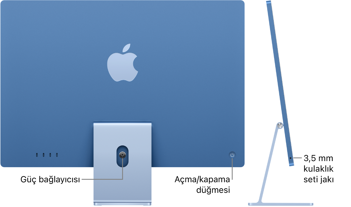 iMac’in güç bağlayıcısını ve açma/kapama düğmesini gösteren arkadan görünümü. Onun yanında, kulaklık jakını gösteren yandan görünüm var.